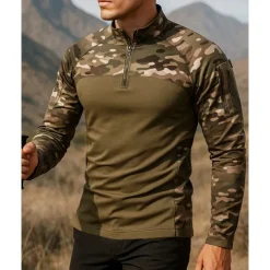 Men's Polo Sweatshirt Hiking top Long Sleeve Stand Collar Top Outdoor Breathable Quick Dry Lightweight Elastic Quarter-Zip Pullover Polyester Camouflage Black Army Green Grey Tennis Golf Running