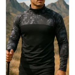 Men's Polo Sweatshirt Hiking top Long Sleeve Stand Collar Top Outdoor Breathable Quick Dry Lightweight Elastic Quarter-Zip Pullover Polyester Camouflage Black Army Green Grey Tennis Golf Running