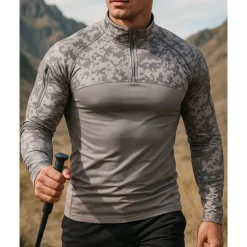 Men's Polo Sweatshirt Hiking top Long Sleeve Stand Collar Top Outdoor Breathable Quick Dry Lightweight Elastic Quarter-Zip Pullover Polyester Camouflage Black Army Green Grey Tennis Golf Running