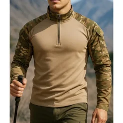 Men's Polo Sweatshirt Hiking top Long Sleeve Stand Collar Top Outdoor Breathable Quick Dry Lightweight Elastic Quarter-Zip Pullover Polyester Camo Army Green Light Brown Khaki Tennis Golf Running