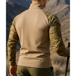 Men's Polo Sweatshirt Hiking top Long Sleeve Stand Collar Top Outdoor Breathable Quick Dry Lightweight Elastic Quarter-Zip Pullover Polyester Camo Army Green Light Brown Khaki Tennis Golf Running