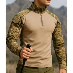 Men's Polo Sweatshirt Hiking top Long Sleeve Stand Collar Top Outdoor Breathable Quick Dry Lightweight Elastic Quarter-Zip Pullover Polyester Camo Army Green Light Brown Khaki Tennis Golf Running