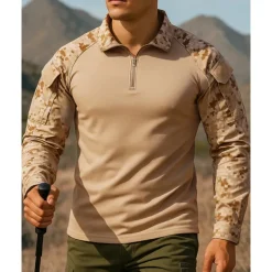 Men's Polo Sweatshirt Hiking top Long Sleeve Stand Collar Top Outdoor Breathable Quick Dry Lightweight Elastic Quarter-Zip Pullover Polyester Camo Army Green Light Brown Khaki Tennis Golf Running
