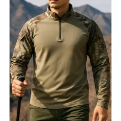Men's Polo Sweatshirt Hiking top Long Sleeve Stand Collar Top Outdoor Breathable Quick Dry Lightweight Elastic Quarter-Zip Pullover Polyester Camo Army Green Light Brown Khaki Tennis Golf Running