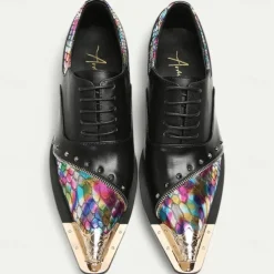 Men's Premium Black Leather Dress Shoes with Gold Tip Multicolor Snake-Pattern and Studded Detail–Stylish Formal Footwear for Special Occasions
