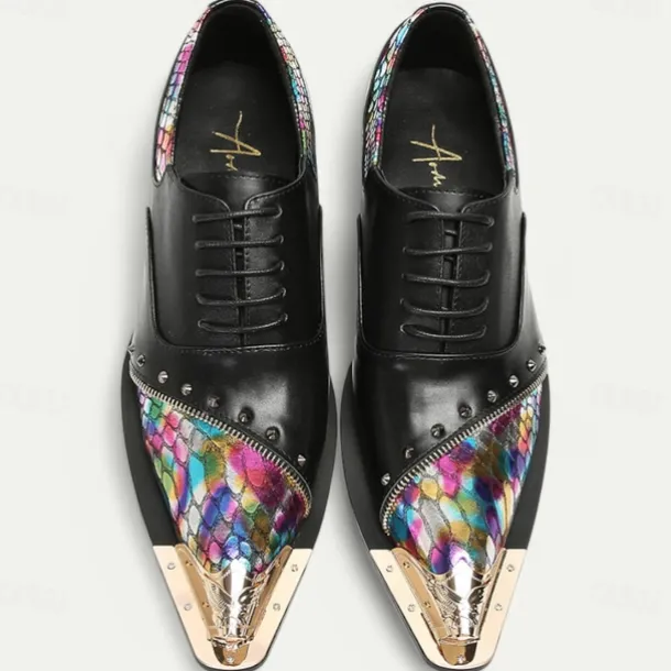 Men's Premium Black Leather Dress Shoes with Gold Tip Multicolor Snake-Pattern and Studded Detail–Stylish Formal Footwear for Special Occasions