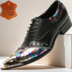 Men's Premium Black Leather Dress Shoes with Gold Tip Multicolor Snake-Pattern and Studded Detail–Stylish Formal Footwear for Special Occasions