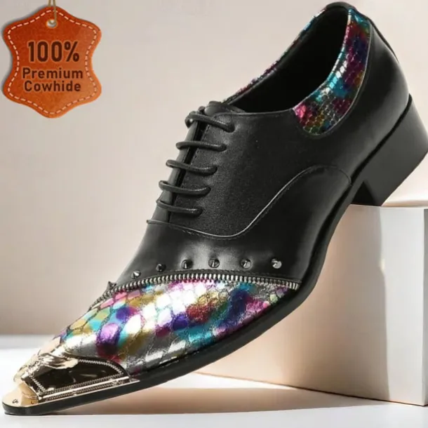 Men's Premium Black Leather Dress Shoes with Gold Tip Multicolor Snake-Pattern and Studded Detail–Stylish Formal Footwear for Special Occasions