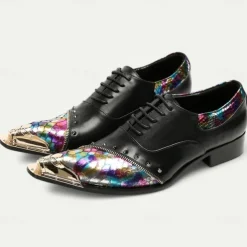 Men's Premium Black Leather Dress Shoes with Gold Tip Multicolor Snake-Pattern and Studded Detail–Stylish Formal Footwear for Special Occasions