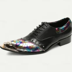 Men's Premium Black Leather Dress Shoes with Gold Tip Multicolor Snake-Pattern and Studded Detail–Stylish Formal Footwear for Special Occasions