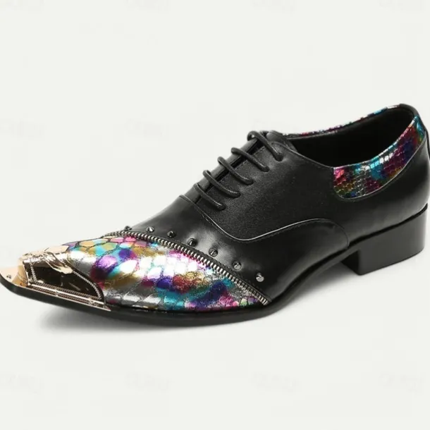 Men's Premium Black Leather Dress Shoes with Gold Tip Multicolor Snake-Pattern and Studded Detail–Stylish Formal Footwear for Special Occasions