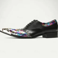 Men's Premium Black Leather Dress Shoes with Gold Tip Multicolor Snake-Pattern and Studded Detail–Stylish Formal Footwear for Special Occasions