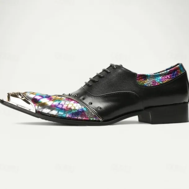 Men's Premium Black Leather Dress Shoes with Gold Tip Multicolor Snake-Pattern and Studded Detail–Stylish Formal Footwear for Special Occasions