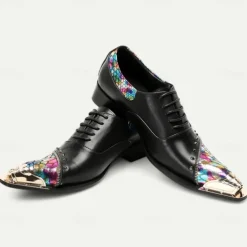 Men's Premium Black Leather Dress Shoes with Gold Tip Multicolor Snake-Pattern and Studded Detail–Stylish Formal Footwear for Special Occasions