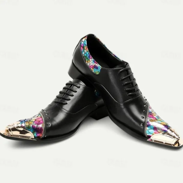 Men's Premium Black Leather Dress Shoes with Gold Tip Multicolor Snake-Pattern and Studded Detail–Stylish Formal Footwear for Special Occasions