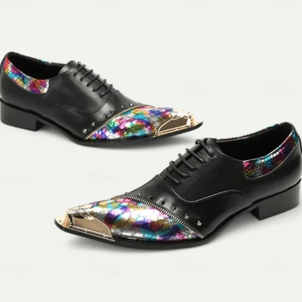 Men's Premium Black Leather Dress Shoes with Gold Tip Multicolor Snake-Pattern and Studded Detail–Stylish Formal Footwear for Special Occasions