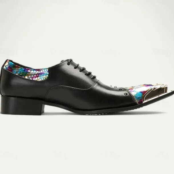 Men's Premium Black Leather Dress Shoes with Gold Tip Multicolor Snake-Pattern and Studded Detail–Stylish Formal Footwear for Special Occasions