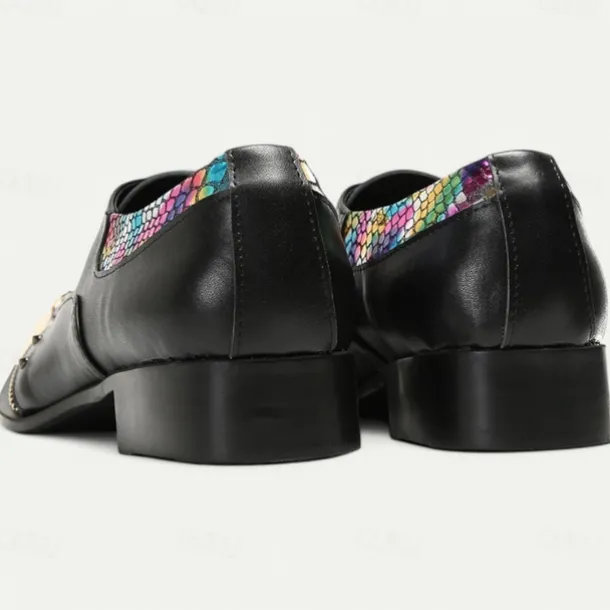 Men's Premium Black Leather Dress Shoes with Gold Tip Multicolor Snake-Pattern and Studded Detail–Stylish Formal Footwear for Special Occasions