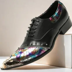 Men's Premium Black Leather Dress Shoes with Gold Tip Multicolor Snake-Pattern and Studded Detail–Stylish Formal Footwear for Special Occasions