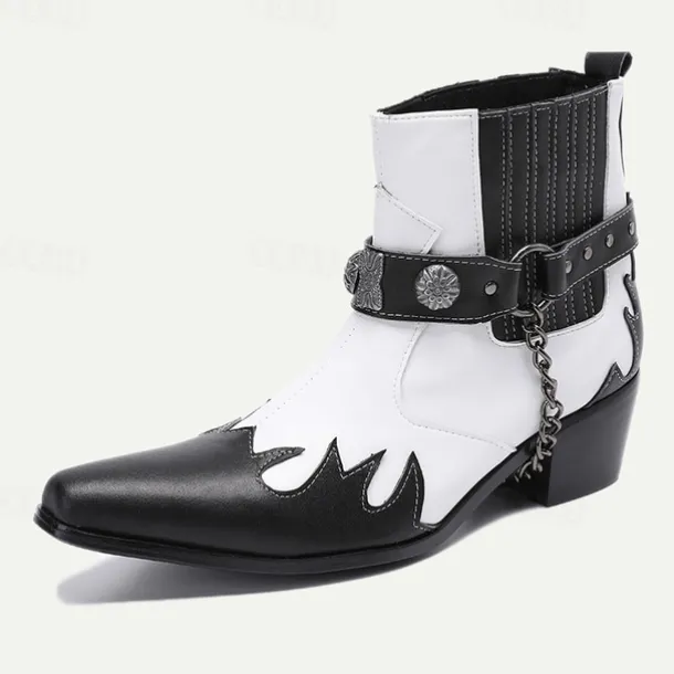 Men's Premium Cowhide Black and White Motorcycle Boots with Studded Strap, Chain Detail, and Western Style – Perfect for Riding and Casual Wear