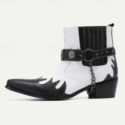 Men's Premium Cowhide Black and White Motorcycle Boots with Studded Strap, Chain Detail, and Western Style – Perfect for Riding and Casual Wear