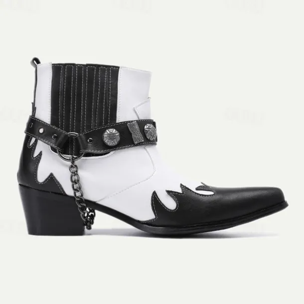 Men's Premium Cowhide Black and White Motorcycle Boots with Studded Strap, Chain Detail, and Western Style – Perfect for Riding and Casual Wear