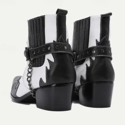 Men's Premium Cowhide Black and White Motorcycle Boots with Studded Strap, Chain Detail, and Western Style – Perfect for Riding and Casual Wear