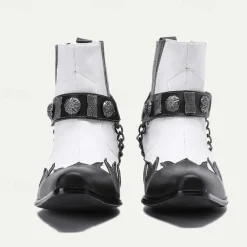 Men's Premium Cowhide Black and White Motorcycle Boots with Studded Strap, Chain Detail, and Western Style – Perfect for Riding and Casual Wear
