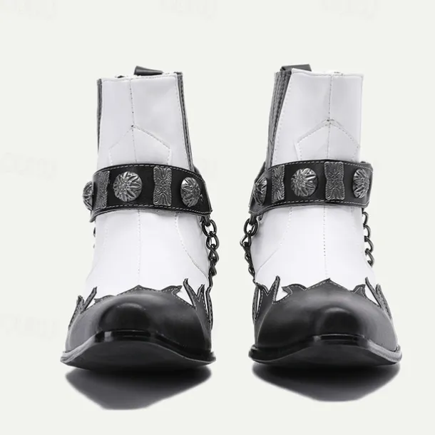 Men's Premium Cowhide Black and White Motorcycle Boots with Studded Strap, Chain Detail, and Western Style – Perfect for Riding and Casual Wear