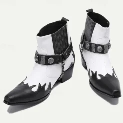 Men's Premium Cowhide Black and White Motorcycle Boots with Studded Strap, Chain Detail, and Western Style – Perfect for Riding and Casual Wear
