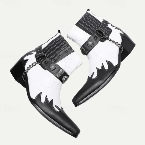 Men's Premium Cowhide Black and White Motorcycle Boots with Studded Strap, Chain Detail, and Western Style – Perfect for Riding and Casual Wear
