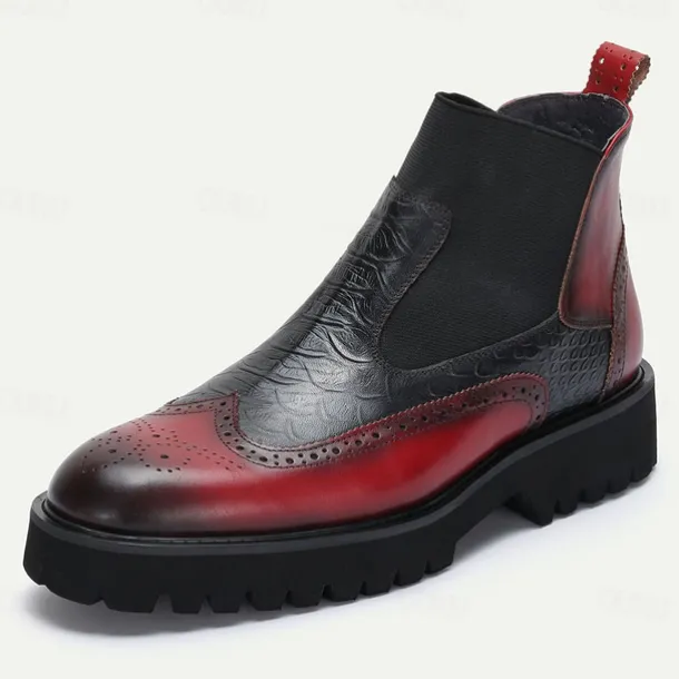 Men's Premium Cowhide Chelsea Boots – Red and Black Leather Brogue Detail with Textured Pattern, Rugged Sole, Stylish Casual & Formal Footwear