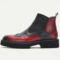 Men's Premium Cowhide Chelsea Boots – Red and Black Leather Brogue Detail with Textured Pattern, Rugged Sole, Stylish Casual & Formal Footwear