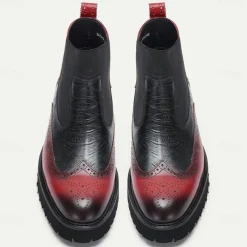 Men's Premium Cowhide Chelsea Boots – Red and Black Leather Brogue Detail with Textured Pattern, Rugged Sole, Stylish Casual & Formal Footwear