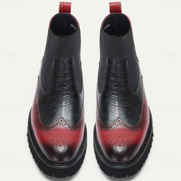 Men's Premium Cowhide Chelsea Boots – Red and Black Leather Brogue Detail with Textured Pattern, Rugged Sole, Stylish Casual & Formal Footwear