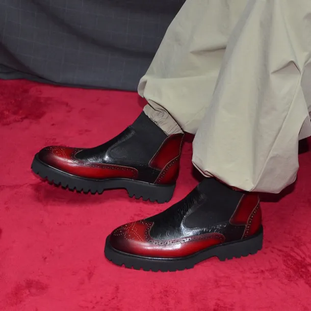 Men's Premium Cowhide Chelsea Boots – Red and Black Leather Brogue Detail with Textured Pattern, Rugged Sole, Stylish Casual & Formal Footwear