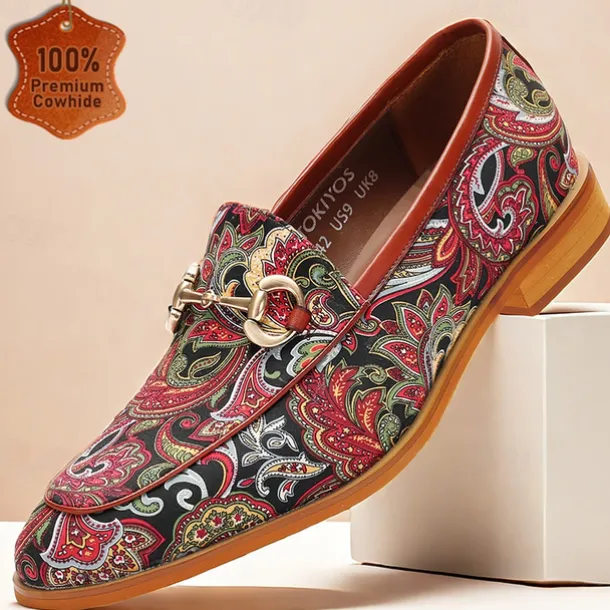 Men's Premium Cowhide Leather Paisley Pattern Loafers - Stylish Slip-On Dress Shoes for Formal and Casual Occasions