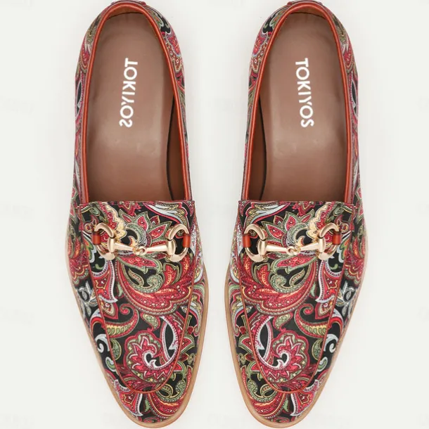 Men's Premium Cowhide Leather Paisley Pattern Loafers - Stylish Slip-On Dress Shoes for Formal and Casual Occasions
