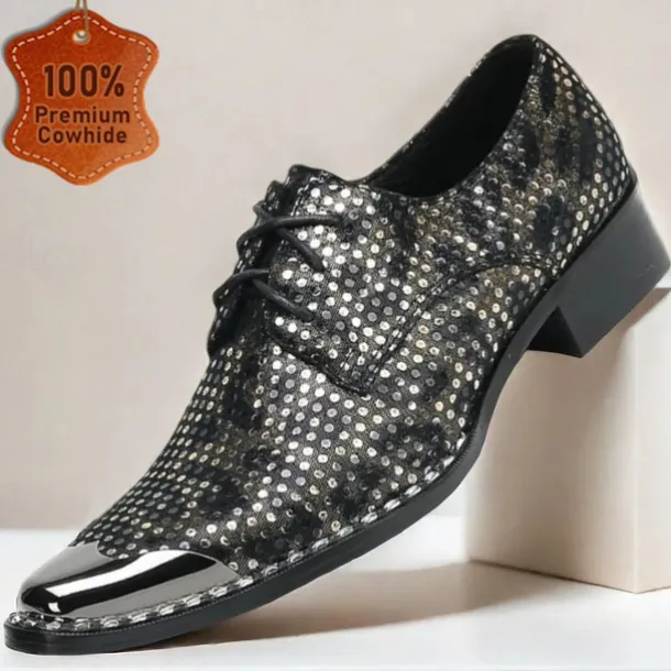 Men's Premium Cowhide Leather Oxford Shoes with Metallic Studded Design and Glossy Toe Cap – Stylish Formal Shoes for Fashionable Men, Perfect for Weddings and Special Occasions