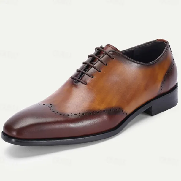 Men's Premium Cowhide Leather Oxford Shoes with Brogue Detailing – Elegant Lace-Up Design for Formal and Business Occasions