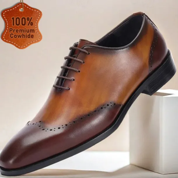 Men's Premium Cowhide Leather Oxford Shoes with Brogue Detailing – Elegant Lace-Up Design for Formal and Business Occasions