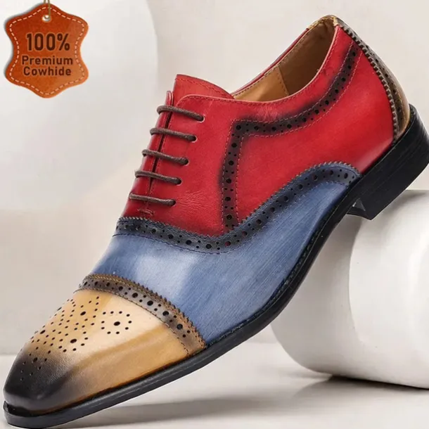Men's Premium Cowhide Leather Oxford Shoes – Multicolor Brogue Lace-Up Dress Shoes with Wingtip Design