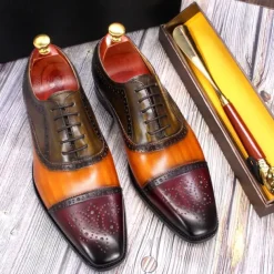 Men's Premium Cowhide Leather Oxford Shoes – Multicolor Brogue Lace-Up Dress Shoes with Wingtip Design