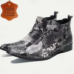 Men's Premium Cowhide Leather Ankle Boots with Snakeskin Pattern – Stylish Western Motorcycle Boots for Biker Events and Casual Wear