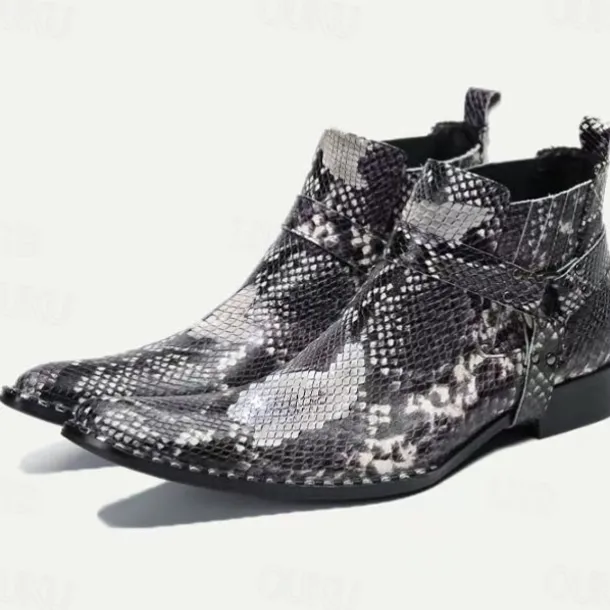 Men's Premium Cowhide Leather Ankle Boots with Snakeskin Pattern – Stylish Western Motorcycle Boots for Biker Events and Casual Wear