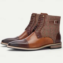Men's Premium Cowhide Leather Ankle Boots – Vintage Houndstooth Pattern with Buckle Detail, Stylish Dress Boots for Formal and Casual Wear