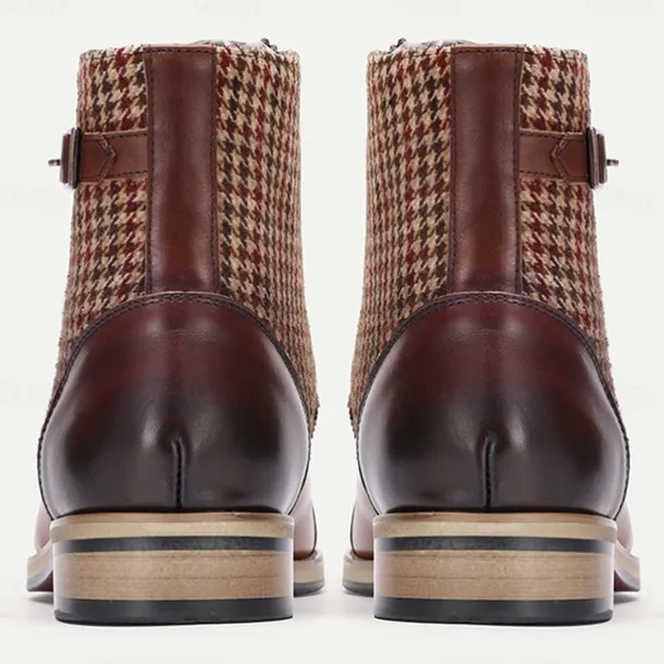 Men's Premium Cowhide Leather Ankle Boots – Vintage Houndstooth Pattern with Buckle Detail, Stylish Dress Boots for Formal and Casual Wear