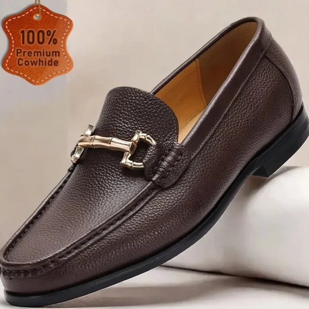 Men's Premium Cowhide Leather Loafers – Classic Slip-On Dress Shoes with Metal Bit Decor for Formal and Casual Wear