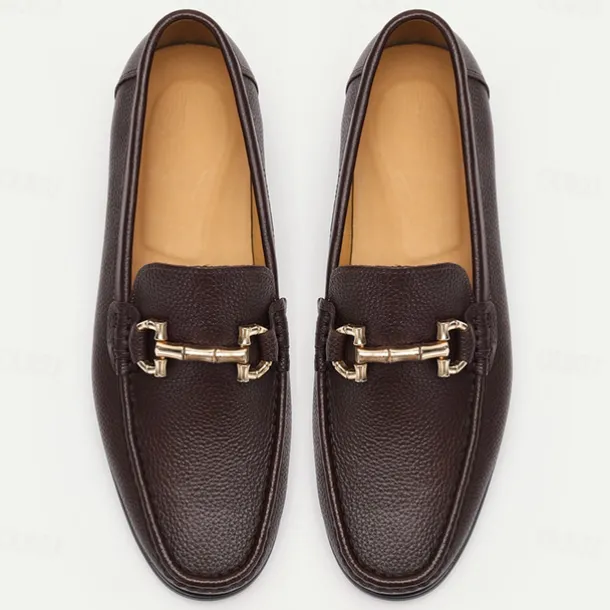Men's Premium Cowhide Leather Loafers – Classic Slip-On Dress Shoes with Metal Bit Decor for Formal and Casual Wear