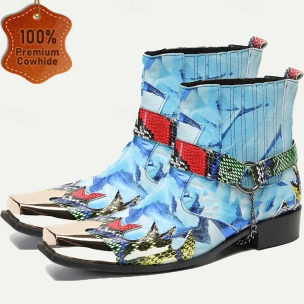 Men's Premium Cowhide Leather Ankle Boots – Colorful Snake Print and Metallic Toe Western Style Motorcycle Boots